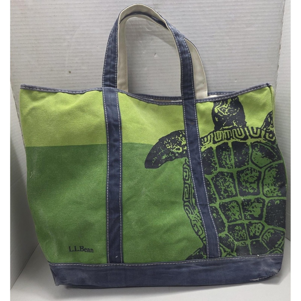 L.L.Bean Boat and Tote Bag Green Blue Sea Turtle Canvas Beach Tote 19x15